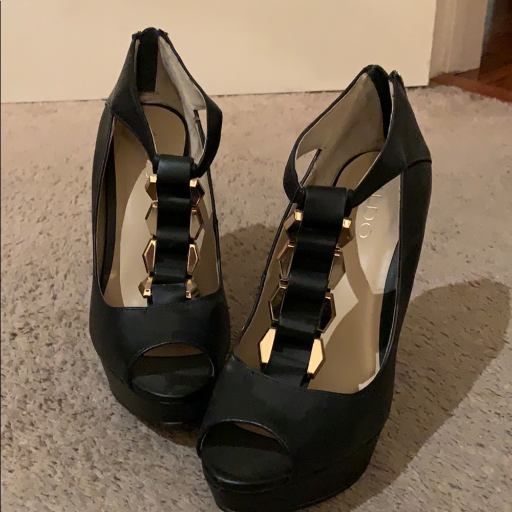 ALDO Black Bootie Heels with Gold Embellishments